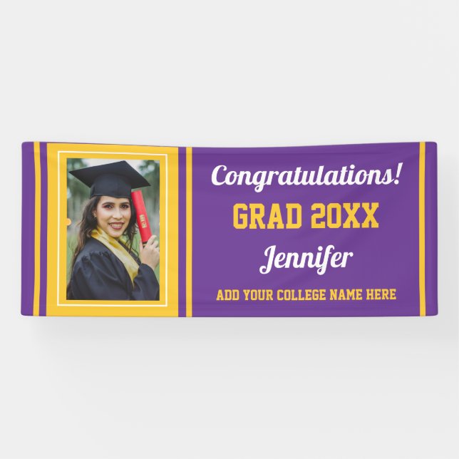 Purple Gold Congrats Grad Custom Photo Graduation Banner (Horizontal)