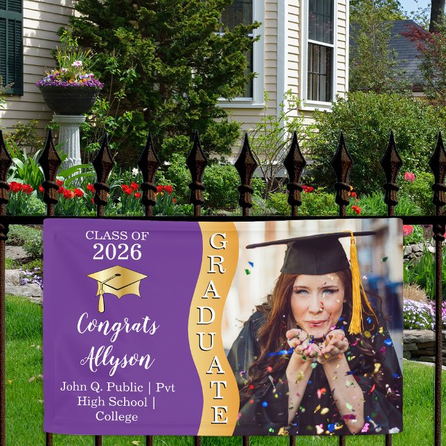 Purple | Gold Congrats Graduate Wave Photo Banner (Classy Modern Purple and Gold Tone "Graduate" Grad Cap Graduation Party Banner )