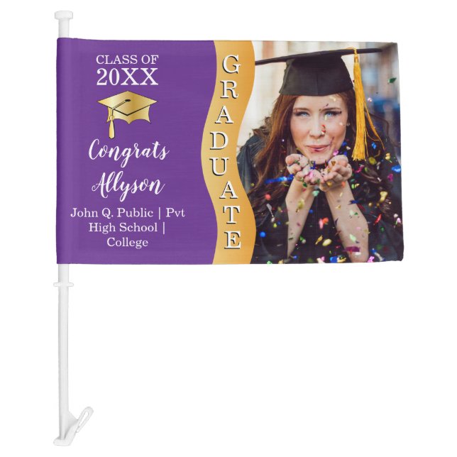 Purple | Gold Congrats Graduate Wave Photo Car Flag (Front)