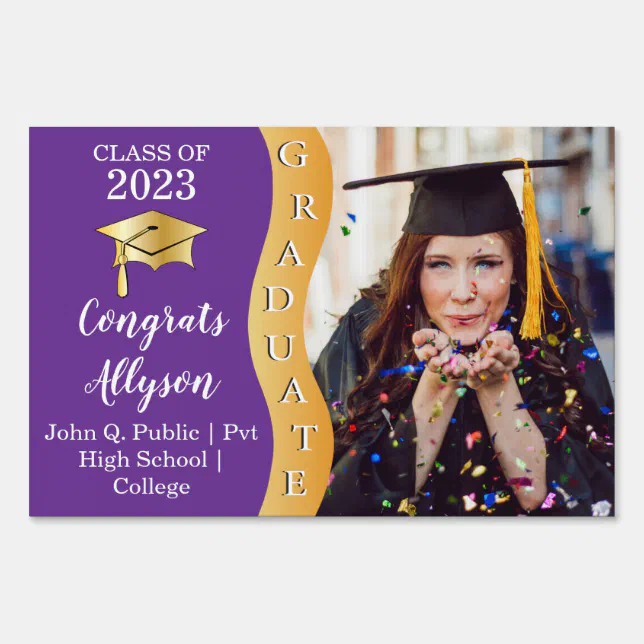 Purple | Gold Congrats Graduate Wave Photo Sign | Zazzle