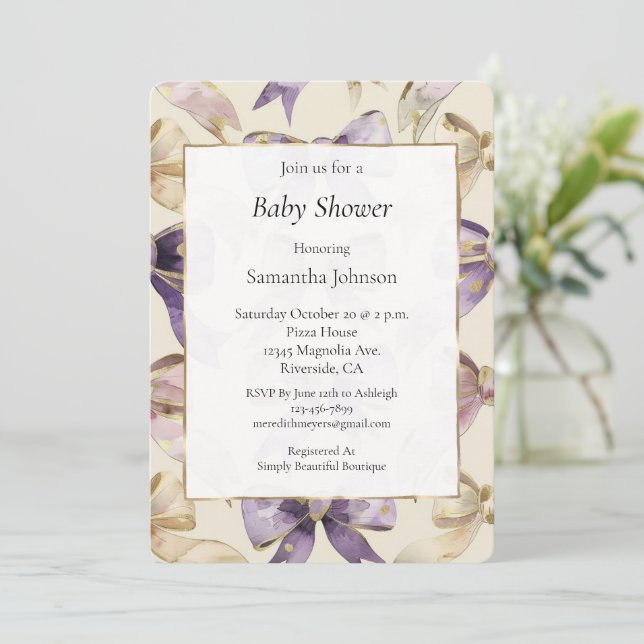 Purple Gold Cream Bows Baby Shower Invitation (Standing Front)