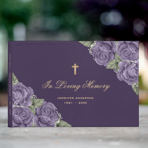 Purple Gold Cross Floral Memorial Funeral Guest Book