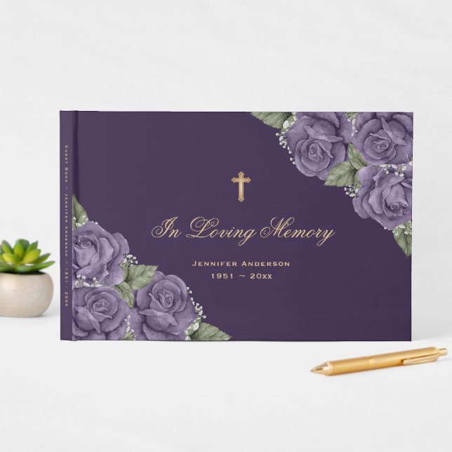Purple Gold Cross Floral Memorial Funeral Guest Book (InSitu Display)