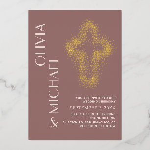 Purple gold cross. Modern dots christian wedding Foil Invitation