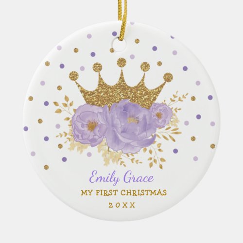 Purple Gold Crown Princess Baby First Christmas Ceramic Ornament