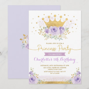 Purple Gold Crown Princess Birthday Lilac Floral Invitation