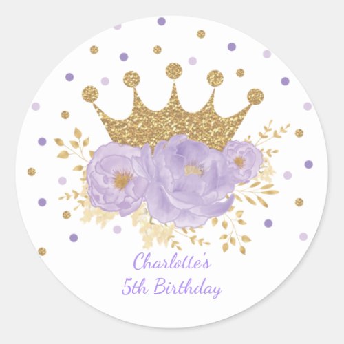 Purple Gold Crown Princess Floral Birthday Baby Classic Round Sticker