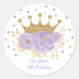 Purple Gold Crown Princess Floral Birthday Baby Classic Round Sticker