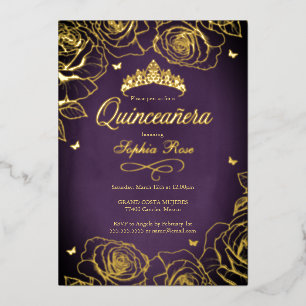 Purple Gold Crown Roses Theme Quinceanera  Foil Invitation