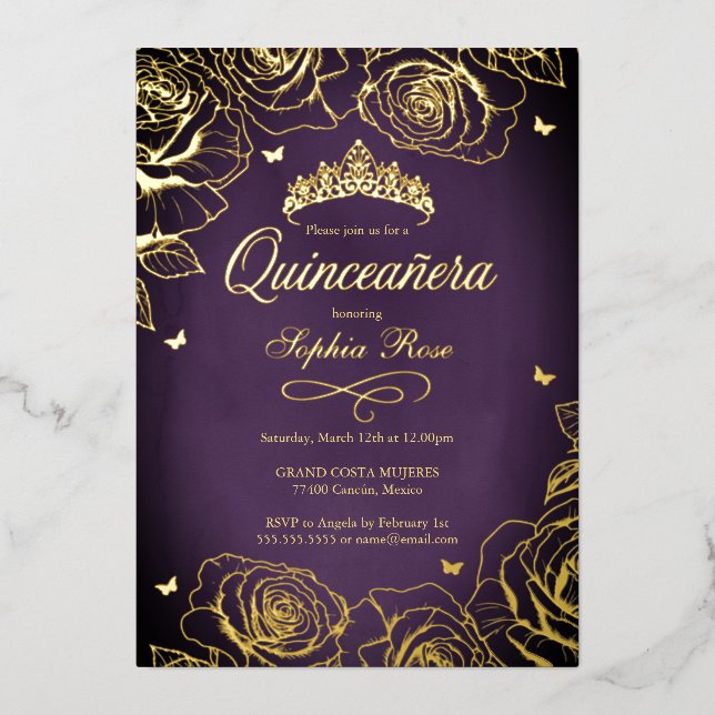 Purple Gold Crown Roses Theme Quinceanera  Foil Invitation (Front)