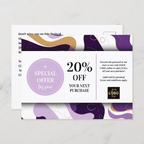 Purple Gold Custom Coupon Discount Postcard 