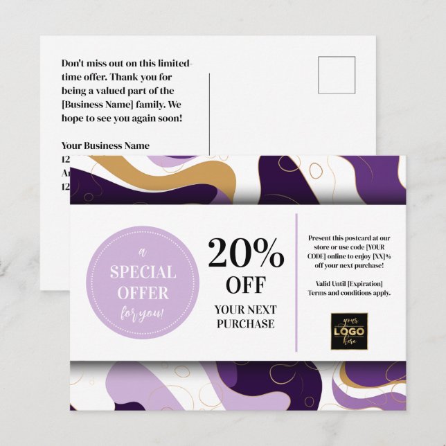 Purple Gold Custom Coupon Discount Postcard  (Front/Back)