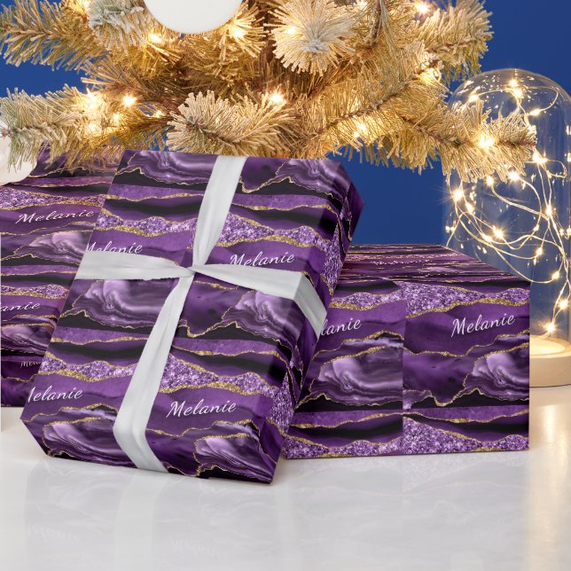 Purple Gold Custom Name Wrapping Paper (Holidays)