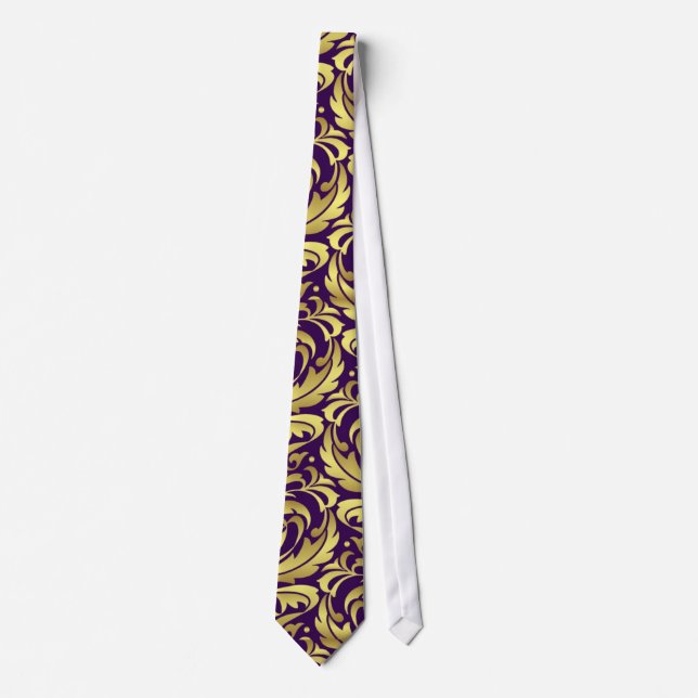 Purple & Gold Damask Holiday Christmas Tie (Front)