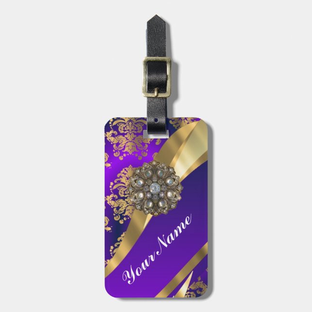 Purple & gold damask luggage tag (Front Vertical)
