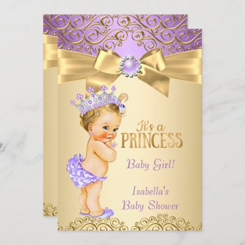 Purple Gold Damask Princess Baby Shower Blonde Invitation
