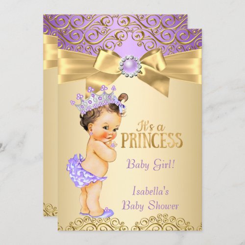 Purple Gold Damask Princess Baby Shower Brunette Invitation
