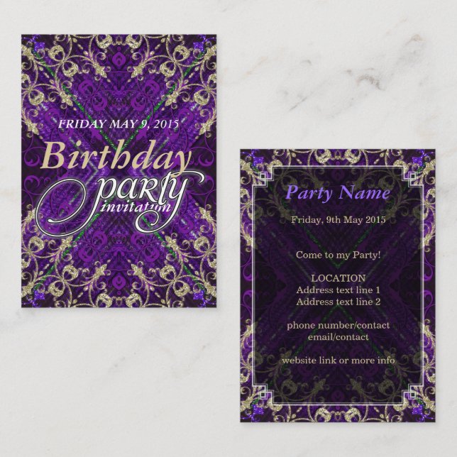 Purple Gold Deco Birthday Party Invitation Cards (Front/Back)