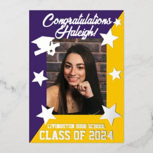 Purple & Gold Diagonal Graduation Silver Foil Invitation