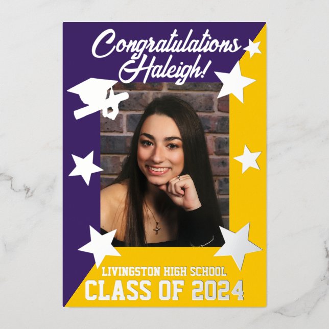 Purple & Gold Diagonal Graduation Silver Foil Invitation (Front)