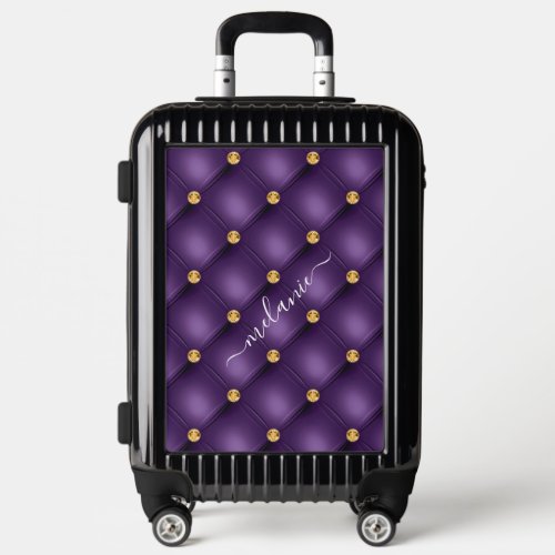 Purple Gold Diamond Tufted Custom Name Luggage