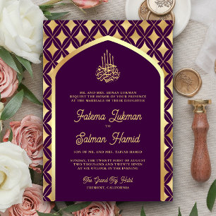 Purple Gold Diamonds Arch Muslim Wedding Invitation