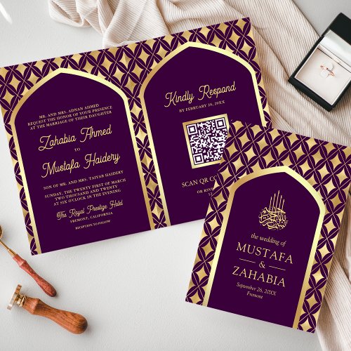 Purple Gold Diamonds Arch QR Code Muslim Wedding Invitation