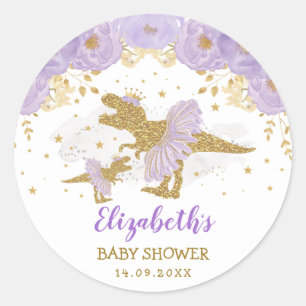 Purple Gold Dinosaur Tutu Tiara Girl Baby Shower Classic Round Sticker