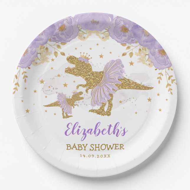Purple Gold Dinosaur Tutu Tiara Girl Baby Shower Paper Plates (Front)