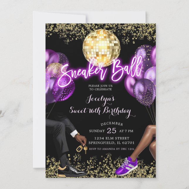 Purple Gold Disco Ball Sneaker Birthday Party Invitation (Front)