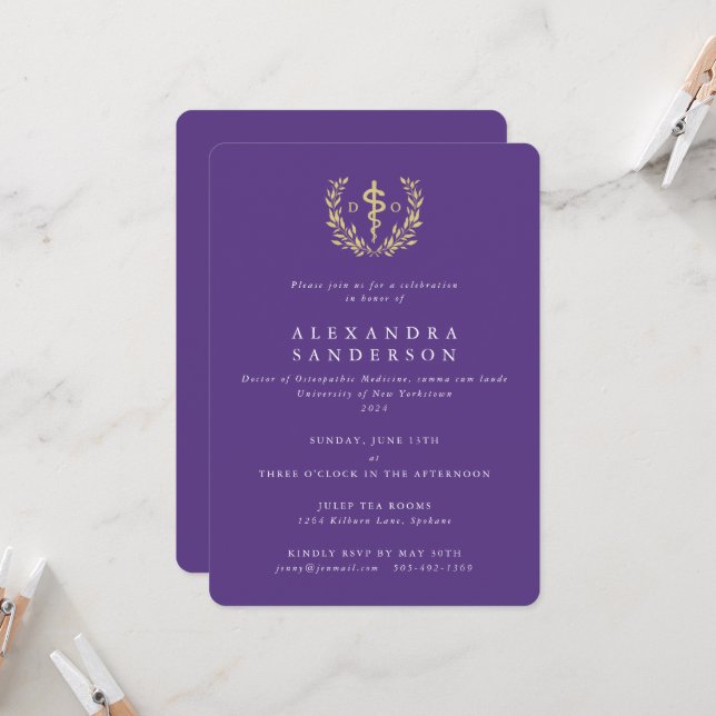 Purple/Gold Doctor of Osteopathic Medicine Grad Invitation (Front/Back In Situ)