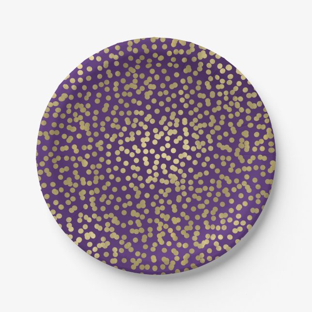 Purple & Gold Dots Confetti Elegant Glam Paper Plates (Front)