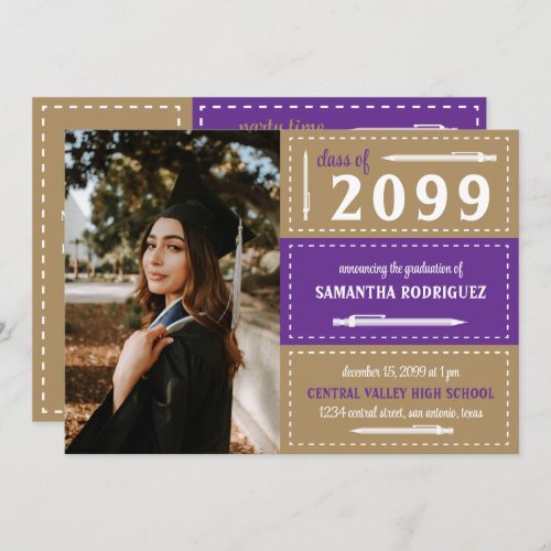 Purple  Gold Dotted Boxes and Pencils Graduation Invitation