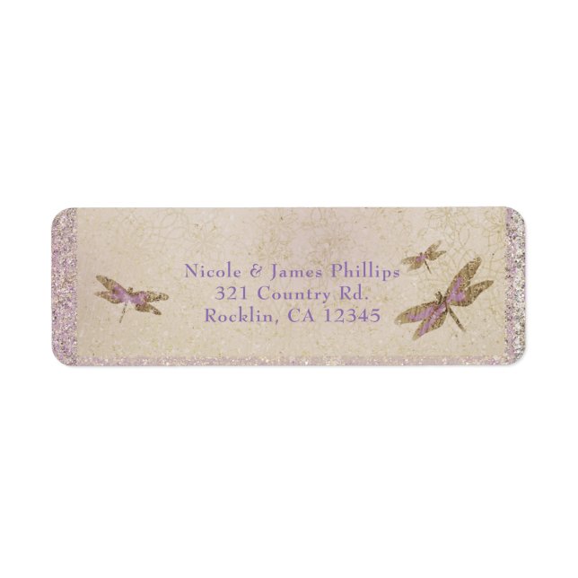 Purple & Gold Dragonflies Dragonfly Invitation Label (Front)