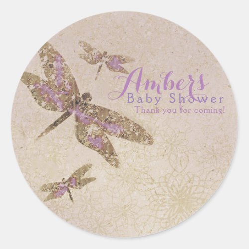 Purple  Gold Dragonflies Dragonfly Party Favor Classic Round Sticker