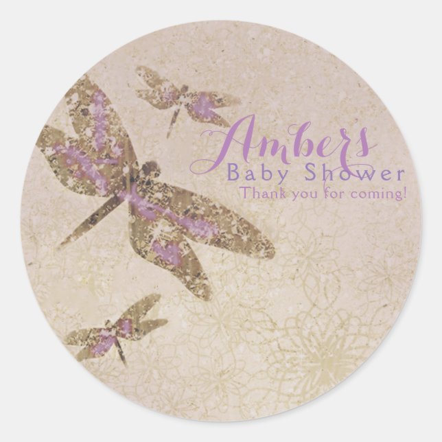 Purple & Gold Dragonflies Dragonfly Party Favor Classic Round Sticker (Front)