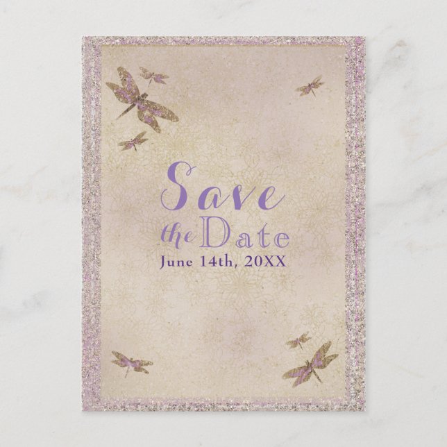 Purple & Gold Dragonflies Dragonfly Save the Date Announcement Postcard (Front)