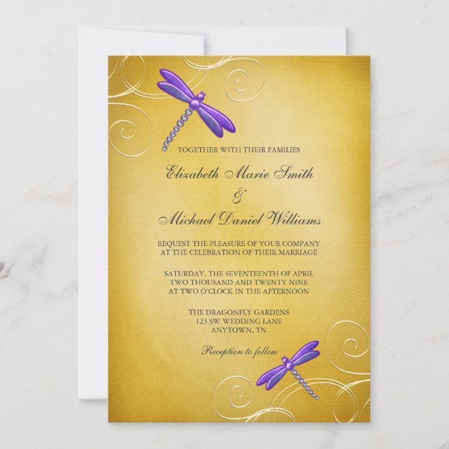 Purple Gold Dragonfly Swirls Wedding Invitation (Front)