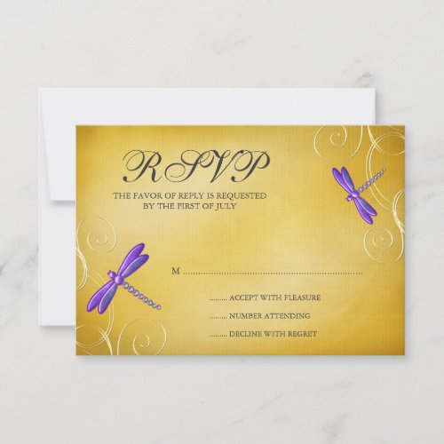 Purple Gold Dragonfly Swirls Wedding Response Card
