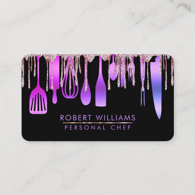 Purple Gold Drip Chef Kitchen Tools Glitter Faux   Business Card (Front)