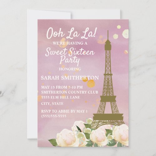 Purple Gold Eiffel Tower White Floral Sweet 16 Invitation
