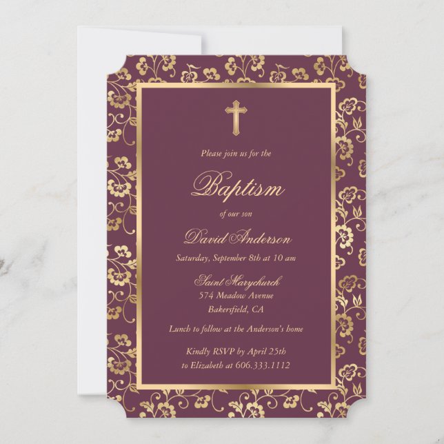 Purple Gold Elegant Floral Baptism Invitation (Front)
