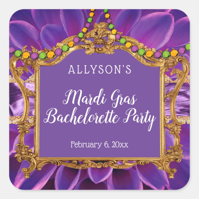 Purple Gold Elegant Mardi Gras Bachelorette Party Square Sticker (Front)