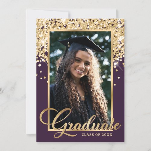 Purple Gold Elegant Photo Graduation Party Invitation
