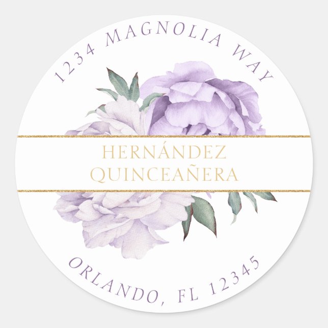 Purple & Gold Elegant Quinceañera Classic Round Sticker (Front)