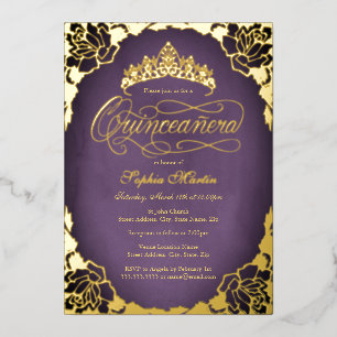 Purple Gold Elegant Script Rose Quinceanera Foil Invitation
