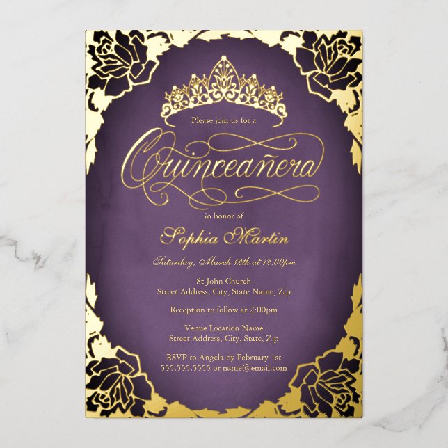 Purple Gold Elegant Script Rose Quinceanera  Foil Invitation (Front)