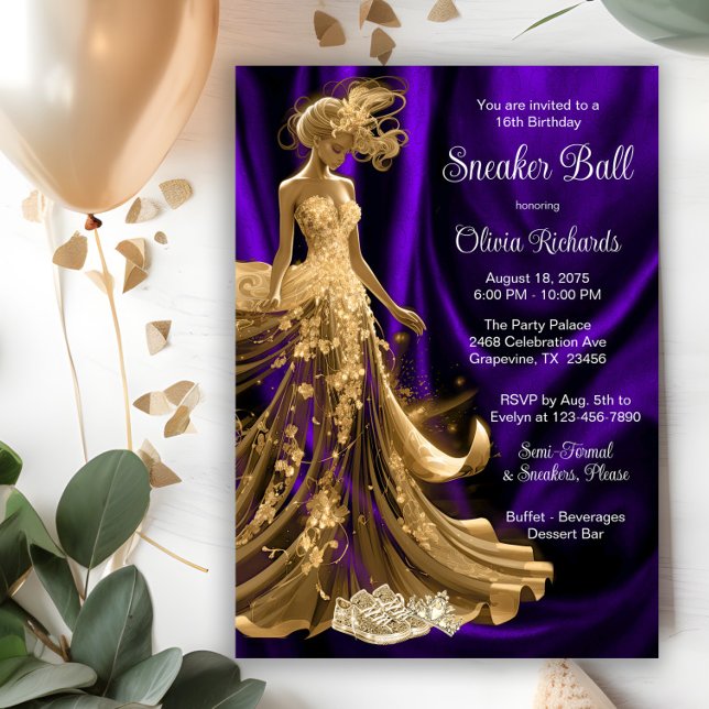Purple Gold Elegant Sneaker Ball  Invitation (Purple gold sneaker ball invitation. You can change all text, fonts, wording for your event.)
