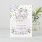 Purple Gold Elephant Floral Moon Stars Baby Shower Invitation (Standing Front)