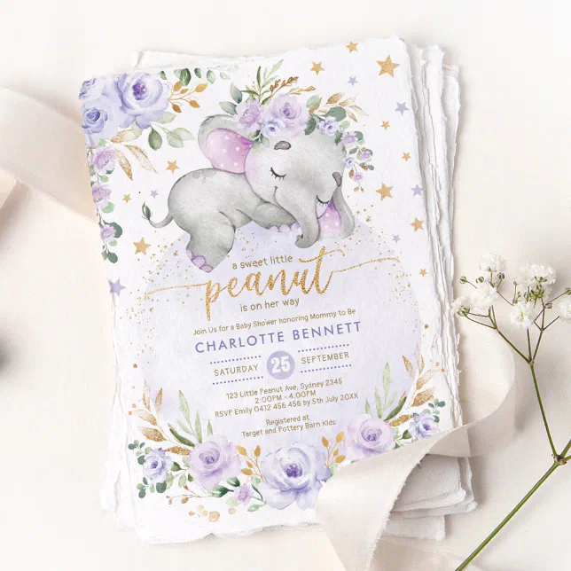 Purple Gold Elephant Floral Moon Stars Baby Shower Invitation | Zazzle
